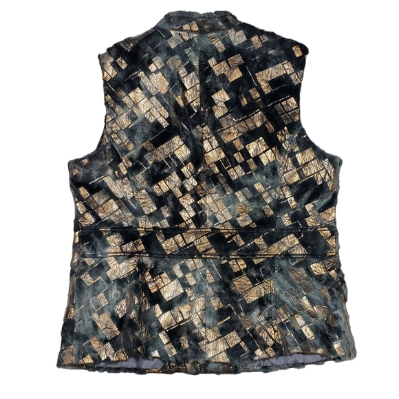 Erin London Faux Fur Vest Size Medium Gray Gold Metallic Abstract Print Full Zip - Picture 8 of 14
